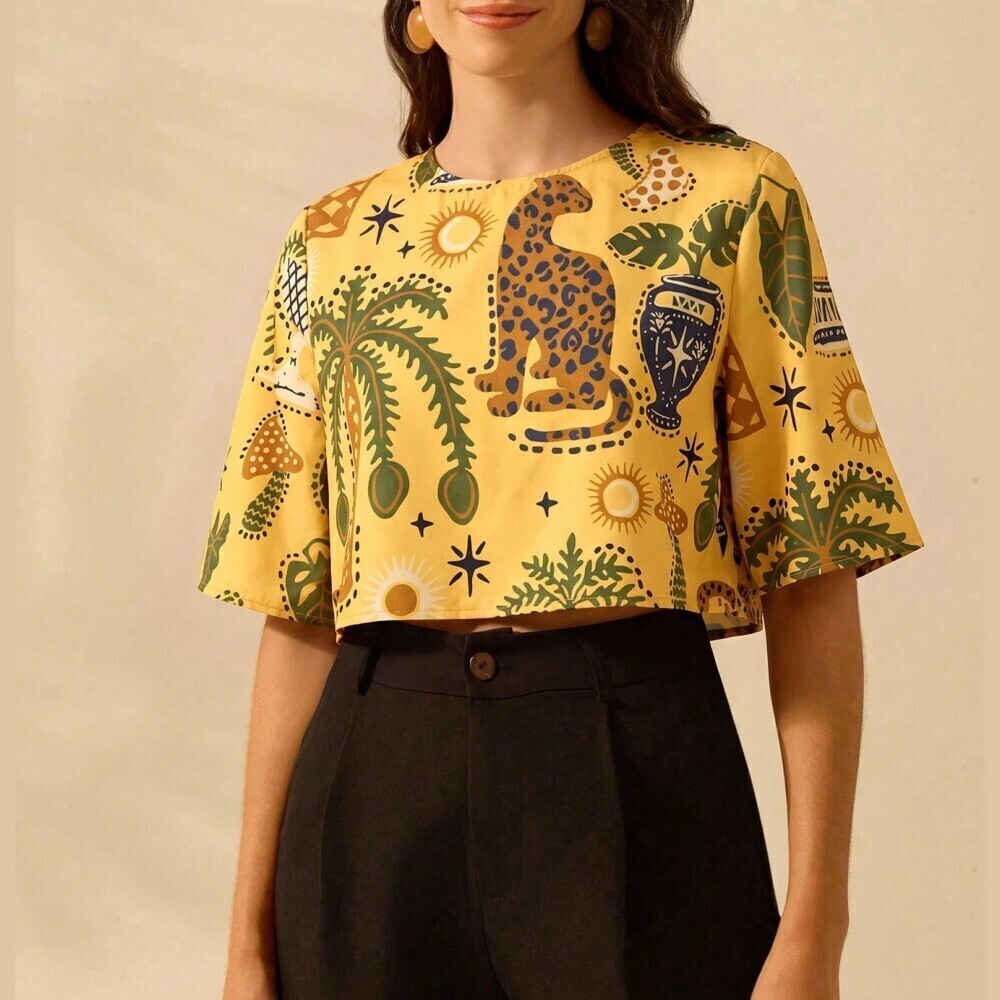 Yellow Jungle Print Crop Top with Flutter Sleeves